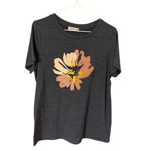 Retrology Womens Charcoal Gray Floral Graphic T-Shirt Rose Gold Glitter Medium